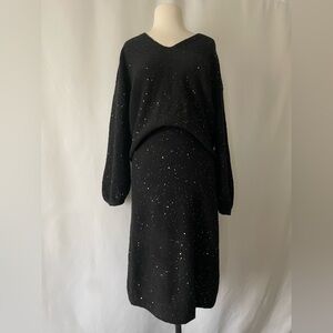 LOFT Black Sequin Knit Sweater & Skirt set M/MP